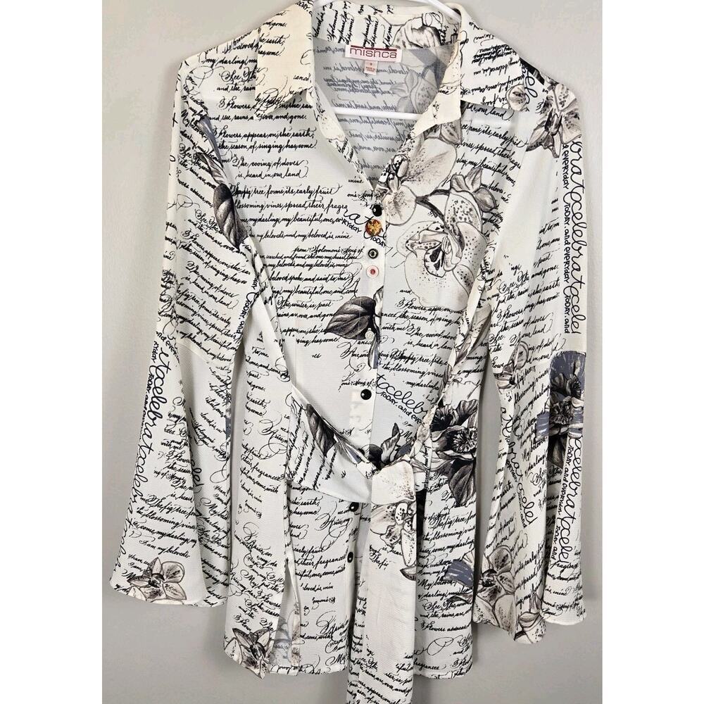 MISHCA French Garden Poplin Blouse Flare Sleeve Tie Front SMALL Boho Peasant
